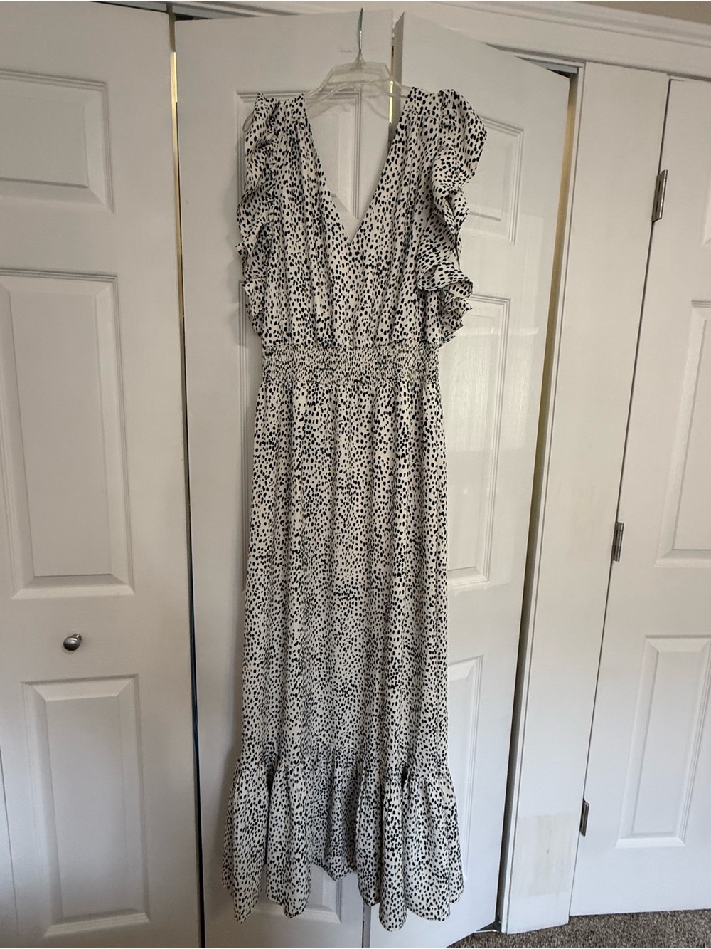 Express Black and Off White Ruffled V-Neck Maxi Dress